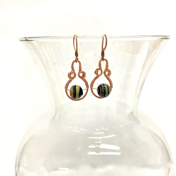 HANDMADE Vintage Glass Bead Hand Wrapped with Hand Hammered Bare Copper Earrings - Picture 4 of 10